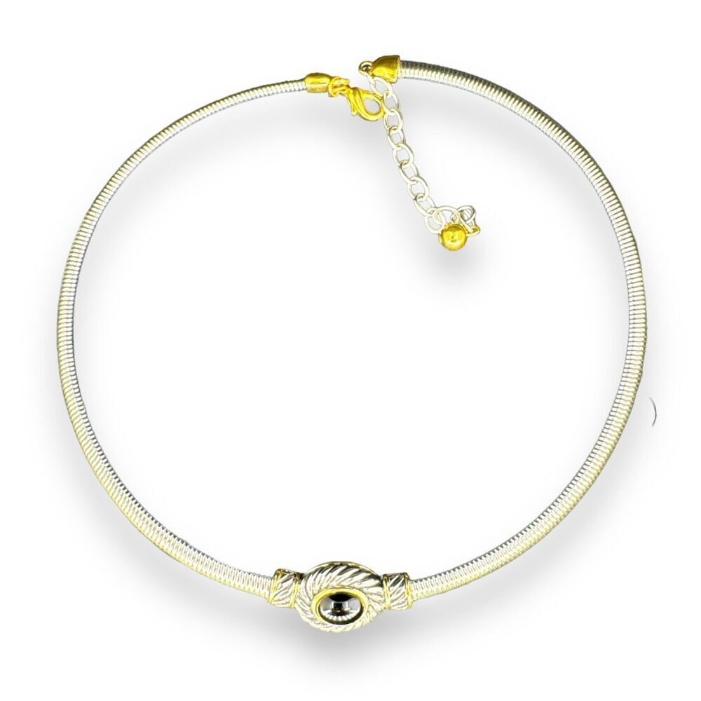 Domed Omega Black Stone Center Necklace Gold & Silver Tone Chain 16-18"
